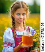A little girl in a Russian sarafan holds a full jar of fresh honey in her hands. August 14 is the Orthodox holiday Honey Spas. Стоковое AI-изображение, AI-художник Сергей Елизарьев / Фотобанк Лори
