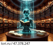 Голографический робот читает книгу в библиотеке. Стоковое AI-изображение, AI-художник Ярославский Максим / Фотобанк Лори