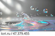 Colorful water splashes create mesmerizing patterns and reflections in a tranquil setting. Стоковое AI-изображение, AI-художник Сергей Толмачёв / Фотобанк Лори