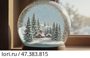 Detailed snow globe winter village scene in white blue and brown representing Christmas magic and tradition. Стоковое AI-видео, аниматор KATERINA AI / Фотобанк Лори