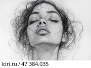 Expressive portrait of a girl, made in the technique of fine graphics. She has thrown her head back, her eyes are closed, her lips are parted, the facial expression conveys inner depth - a mixture of calm, vulnerability and liberation. Her hair is tousled and drawn with light, intertwining lines, adding a sense of movement. The entire image is made in a monochrome palette, emphasizing the emotionality and sophistication of the drawing. The style resembles a combination of academic drawing and modern art graphics. Стоковое AI-изображение, AI-художник Анна Кривицкая / Фотобанк Лори