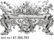 A detailed black and white engraving in the Rococo or Baroque style. In the center of the composition is an elegant ornamental frieze decorated with scrolls, flowers, acanthus leaves and artistic elements. The upper part depicts lush bouquets, smoothly growing on both sides, and in the center is a medallion with a mythological scene: antique figures, perhaps a hunting or worship scene. The image is executed with great precision, with fine strokes and shadows, imitating the technique of classical etching engraving. Стоковое AI-изображение, AI-художник Анна Кривицкая / Фотобанк Лори
