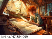 Рыжий мальчик читает и мечтает стать капитаном дальнего плавания. Стоковое AI-изображение, AI-художник Щеголева Ольга / Фотобанк Лори