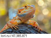 Colorful Bearded Dragon Resting on Tree Branch in Warm Sunlight During Afternoon Hours. Стоковое AI-изображение, AI-художник Юлия Гапеенко / Фотобанк Лори