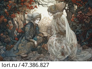 An exquisite fantasy scene, executed in the style of Art Nouveau with elements of fairy-tale romanticism. In the center are two figures: a man in a rich oriental outfit with a turban and a woman in a sophisticated dress with a decorative headdress. They are in a forest, surrounded by fairy-tale flora - ornate trees, flowers and vines in a muted color scheme. The detailing of the costumes and nature amazes with the complexity of patterns and ornaments. The atmosphere is magical, immersed in the silence of an ancient fairy tale. Стоковое AI-изображение, AI-художник Анна Кривицкая / Фотобанк Лори