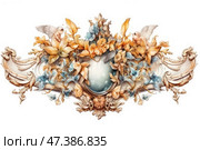 An exquisite decorative composition in the Baroque or Rococo style. In the center is an oval medallion surrounded by lush flowers in delicate pastel shades (golden yellow and blue tones). On the sides are two angels or cupids with wings, each holding flowers. The frame ornament is made in the form of a carved pattern reminiscent of stucco or a cornice with monograms. The overall atmosphere is refined, romantic and elegant, as if from an antique interior or palace architecture. Стоковое AI-изображение, AI-художник Анна Кривицкая / Фотобанк Лори
