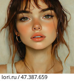 Portrait of a young woman with green eyes, slightly parted lips and expressive freckles. Her face is illuminated by a soft light, emphasizing the texture of her skin and the glossy shine of her lips. The painting is stylized as an oil painting: brush strokes are visible on the background and skin, creating a handmade effect. The girl has chestnut hair with a slight wave, she wears gold hoop earrings and a simple white T-shirt. The image is natural, fresh and a little dreamy. Стоковое AI-изображение, AI-художник Анна Кривицкая / Фотобанк Лори