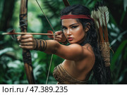 Amazon, Young female archer in jungle. Стоковое AI-изображение, AI-художник Михаил Коханчиков / Фотобанк Лори