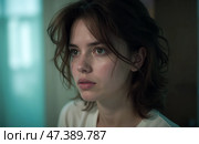 Beautiful young woman with serious expression looking at camera, blue eyes reflecting sadness, dark hair, close-up shot, introspective mood, feeling of unease, deep thoughts, sorrowful look. Стоковое AI-изображение, AI-художник Павел Муравьев / Фотобанк Лори