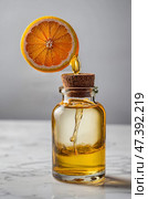 Orange slice balancing on a corked bottle with golden liquid dripping in modern kitchen setting. Стоковое AI-изображение, AI-художник Сергей Толмачёв / Фотобанк Лори