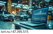 The car engine is being diagnosed in the Car Workshop. There are various SUVs in the garage. Стоковое AI-изображение, AI-художник Ирина Ручушкина / Фотобанк Лори