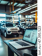 The car engine is being diagnosed in the Car Workshop. There are various SUVs in the garage. Стоковое AI-изображение, AI-художник Ирина Ручушкина / Фотобанк Лори