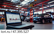 The car engine is being diagnosed in the Car Workshop. There are various SUVs in the garage. Стоковое AI-изображение, AI-художник Ирина Ручушкина / Фотобанк Лори
