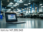 The car engine is being diagnosed in the Car Workshop. There are various SUVs in the garage. Стоковое AI-изображение, AI-художник Ирина Ручушкина / Фотобанк Лори
