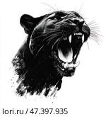 Expressive black and white illustration of a growling panther. The animal's head is turned three-quarters, the mouth is wide open, revealing sharp fangs and tongue. The emotion is aggression, power, threat. The background is pure white, which emphasizes the dynamics and contrast of the black panther. The lower part of the drawing seems to dissolve in strokes and spots of ink, creating the effect of artistic movement. Стоковое AI-изображение, AI-художник Анна Кривицкая / Фотобанк Лори
