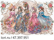 An exquisite Art Nouveau illustration depicting five elegant ladies in sumptuous dresses adorned with flowers, lace and patterns. Each figure is unique in its colour scheme: pink, blue, lavender and gold shades dominate the composition. The women are surrounded by ornate decorative elements and floral patterns. The overall composition is symmetrical, filled with tenderness, romanticism and a sense of theatricality - like a scene from a fairy tale or ballet, inspired by the Rococo era and Mucha's style. Стоковое AI-изображение, AI-художник Анна Кривицкая / Фотобанк Лори
