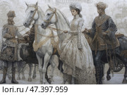 An elegant scene in the spirit of historical or fantasy painting. Three noble young people - two men and one woman - are dressed in richly decorated outfits in the style of European aristocracy of the 17th-18th centuries. The woman in the center leads a white horse by the bridle; her dress and headdress are striking in their elegance and embroidery. The men on the sides are also elegant, one of them holding a horse, the other accompanying the lady. The entire scene is maintained in soft gray-golden tones, emphasizing nobility and sophistication. In the background are architectural elements that create a sense of a courtly atmosphere. Стоковое AI-изображение, AI-художник Анна Кривицкая / Фотобанк Лори