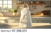 Versatile chef apron mockup with front cross-back straps in modern kitchen. Универсальный поварской фартук с перекрестными лямками спереди для современной кухни. Стоковое AI-изображение, AI-художник Katsiaryna Repich / Фотобанк Лори