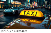 Close-up of a yellow taxi sign on a car roof against vibrant blurred city nightscape background with warm lights. Стоковое AI-изображение, AI-художник Iva Noel / Фотобанк Лори