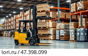Forklift loader pallet stacker truck equipment at warehouse. Стоковое AI-изображение, AI-художник Iva Noel / Фотобанк Лори