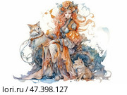 A fairytale watercolor illustration in a soft color palette depicting a graceful girl in a rich fantasy outfit, sitting surrounded by two foxes - an adult and a cub. Her dress is decorated with many details, draperies and patterns in orange, gray-blue and golden tones. On her head the girl has a wreath of flowers, her long hair flutters smoothly, adding dynamics to the composition. The atmosphere is magical, sophisticated, with elements of nature, magic and femininity. Стоковое AI-изображение, AI-художник Анна Кривицкая / Фотобанк Лори