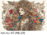 A fantastic female figure surrounded by a complex and detailed pattern of flowers, leaves, butterflies and decorative elements in the Art Nouveau style. The woman, with closed eyes and a slight smile, radiates calm and harmony. Her hair is woven into patterns of petals, stems and natural motifs. The color scheme is warm and muted, with shades of beige, red, blue and gold predominating. The work looks like a subtle illustration, combining natural beauty and decorative art into a single whole. Стоковое AI-изображение, AI-художник Анна Кривицкая / Фотобанк Лори