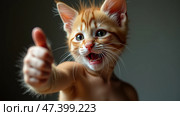 Playful Orange Kitten Giving a Thumbs up With an Expressive Face in a Cozy Indoor Setting Brightened by Soft Light. Стоковое AI-изображение, AI-художник Sergey Grishin / Фотобанк Лори