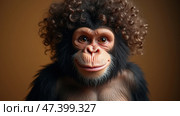 Curious Monkey With Curly Fur Poses Against a Textured Brown Background in a Playful and Lively Manner. Anthropomorphic ape. Стоковое AI-изображение, AI-художник Sergey Grishin / Фотобанк Лори