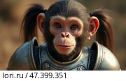 Monkey in Armor Stands Confidently in a Lush Forest Setting Under Sunlight During Daytime. Anthropomorphic ape. Стоковое AI-изображение, AI-художник Sergey Grishin / Фотобанк Лори