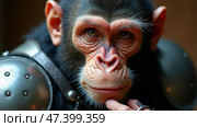 Monkey in Armor With a Thoughtful Expression Gazes Directly at the Viewer in a Well-Lit Indoor Setting. Anthropomorphic ape. Стоковое AI-изображение, AI-художник Sergey Grishin / Фотобанк Лори