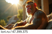 Majestic Primate Resting in Golden Sunlight Near Rocky Terrain During Sunset in a Natural Habitat Setting. Anthropomorphic ape. Стоковое AI-изображение, AI-художник Sergey Grishin / Фотобанк Лори