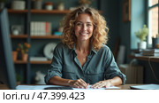 Smiling Woman With Curly Hair Sitting at a Desk in a Cozy Workspace During Daytime. Стоковое AI-изображение, AI-художник Sergey Grishin / Фотобанк Лори