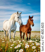 A horse with a foal among the grass in a meadow. 2026 is the year of the Horse according to the eastern calendar. Стоковое AI-изображение, AI-художник Сергей Елизарьев / Фотобанк Лори