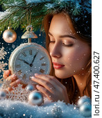 The young girl is waiting for the New Year to come. The clock is counting down the last moment of the outgoing old year. There is little time left until the New Year. Is everything ready to celebrate the New Year? Стоковое AI-изображение, AI-художник Сергей Елизарьев / Фотобанк Лори