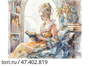 Watercolor illustration of a sophisticated girl in the style of the 18th century, sitting by the window with a book in her hands. She is dressed in a lush pastel dress with lace and floral patterns. Her hair is styled in a high hairstyle with curls and flowers. The interior around her is richly decorated: a bookshelf with volumes, a vase with fresh flowers and stacks of books on elegant furniture. The atmosphere of the image is romantic, peaceful, filled with silence, light and the spirit of an enlightened era. Стоковое AI-изображение, AI-художник Анна Кривицкая / Фотобанк Лори