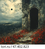 A mysterious, darkly enchanting landscape in the style of dark fantasy. In the foreground is an old, dilapidated stone building with a Gothic arch leading into absolute darkness. The steps leading to it are surrounded by dense thickets of red poppies and wildflowers. Behind it is a gloomy, cloud-covered landscape with mountains, forest and swamps. A solar eclipse is taking place in the sky, emphasizing the feeling of a fateful moment, an ancient secret or an impending transition to another world. The painting seems to invite you to take a step into the unknown. Стоковое AI-изображение, AI-художник Анна Кривицкая / Фотобанк Лори