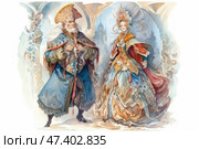 A magnificent watercolor illustration of a couple in rich historical costumes. The man is wearing a long blue robe with fur trim, a tall fur hat and a full beard. The woman is wearing a luxurious dress with an abundance of patterns, lace, fur and embroidery, with a high kokoshnik crown decorated with jewels and a veil. The atmosphere is fabulous, with a touch of Eastern and Slavic aesthetics - like a scene from a fairy tale or a theatrical production. In the background, an arched opening and silhouettes of towers are visible, adding depth and a sense of a palace interior. Стоковое AI-изображение, AI-художник Анна Кривицкая / Фотобанк Лори