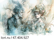 Romantic watercolor illustration in the style of the Rococo era. In the center of the composition is an elegant couple: a young man with a hairstyle and clothes of the 18th century and a refined lady in a lush hat decorated with flowers and ribbons. Their outfits are refined, rich in details, and their facial expressions convey softness, interest and slight melancholy. The background is filled with abstract architectural and natural elements, creating an atmosphere of fabulous antiquity and subtle sophistication. The color palette is delicate pastel shades, with a predominance of blue, cream and gold. Стоковое AI-изображение, AI-художник Анна Кривицкая / Фотобанк Лори