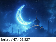 Nightly View of a Grand Mosque Illuminated Under a Bright Crescent Moon. Стоковое AI-изображение, AI-художник Юлия Гапеенко / Фотобанк Лори