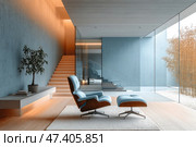 Interior of a modern minimalist living room or recreation area. The space is decorated in a light and calm color scheme: blue walls, wooden floors, glass partitions and warm accent lighting create a sense of harmony and comfort. In the center of the composition is a designer chair with a footrest in blue upholstery and wood trim, standing on a carpet. To the left is a staircase and a bench with books and a potted plant. Behind the glass wall, you can see a well-kept courtyard with decorative bamboo. Стоковое AI-изображение, AI-художник Анна Кривицкая / Фотобанк Лори