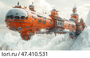A huge, bright orange, fantastic spaceship hovering in the air above snow-capped mountain peaks. It is made in the style of futuristic sci-fi with many technical details, antennas, hatches and portholes. Steam or smoke rises from its hull, creating the effect of activity and movement. In the background are snow-white peaks and clouds, creating a contrast between the cold nature and the high-tech, industrial ship. The atmosphere is like from a sci-fi movie or a cyberpunk/space opera video game. Стоковое AI-изображение, AI-художник Анна Кривицкая / Фотобанк Лори