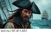 Sailing Through Stormy Seas, a Rugged Pirate Stands Resolute on the Deck, Ready to Confront the Challenges of His Adventures. Стоковое AI-изображение, AI-художник Sergey Grishin / Фотобанк Лори