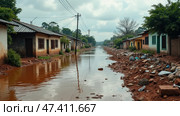 Flooded Neighborhood in Early Afternoon With Muddy Waters Reflecting Overcast Sky. Стоковое AI-изображение, AI-художник Sergey Grishin / Фотобанк Лори