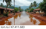 Flooded Streets in a Rural Area After Heavy Rainfall, Creating Reflections of Palm Trees and Homes Under a Brooding Sky. Стоковое AI-изображение, AI-художник Sergey Grishin / Фотобанк Лори