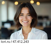In a modern office, a smiling brunette woman exudes approachability and commitment to customer service in the banking sector Generative AI. Стоковое AI-изображение, AI-художник Юлия Петровская / Фотобанк Лори