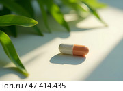 Golden yellow pills on a round white table. Softgel of food supplements, fish oil, omega 3, vitamin D3, vitamin E oil filled capsules on a white background. Стоковое AI-изображение, AI-художник Роготнева Виктория / Фотобанк Лори