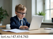 News anchor little boy. funny child headline tv. kids news.a boy in a suit is sitting in an office at a computer. Стоковое AI-изображение, AI-художник Роготнева Виктория / Фотобанк Лори