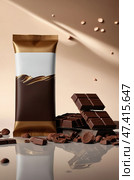 Delicious dark chocolate bar with broken pieces and cocoa nibs displayed on a glossy surface. Стоковое AI-изображение, AI-художник Сергей Толмачёв / Фотобанк Лори