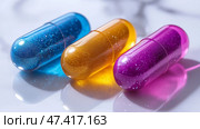 Colorful BCAA capsules arranged on a surface with natural light. Разноцветные капсулы BCAA, расположенные на поверхности с естественным освещением. Стоковое AI-изображение, AI-художник Katsiaryna Repich / Фотобанк Лори