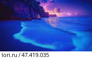 A mysterious seaside with water under a night sky full of bio luminescent creatures emitting mysterious light. Стоковое AI-видео, аниматор Ирина Ручушкина / Фотобанк Лори